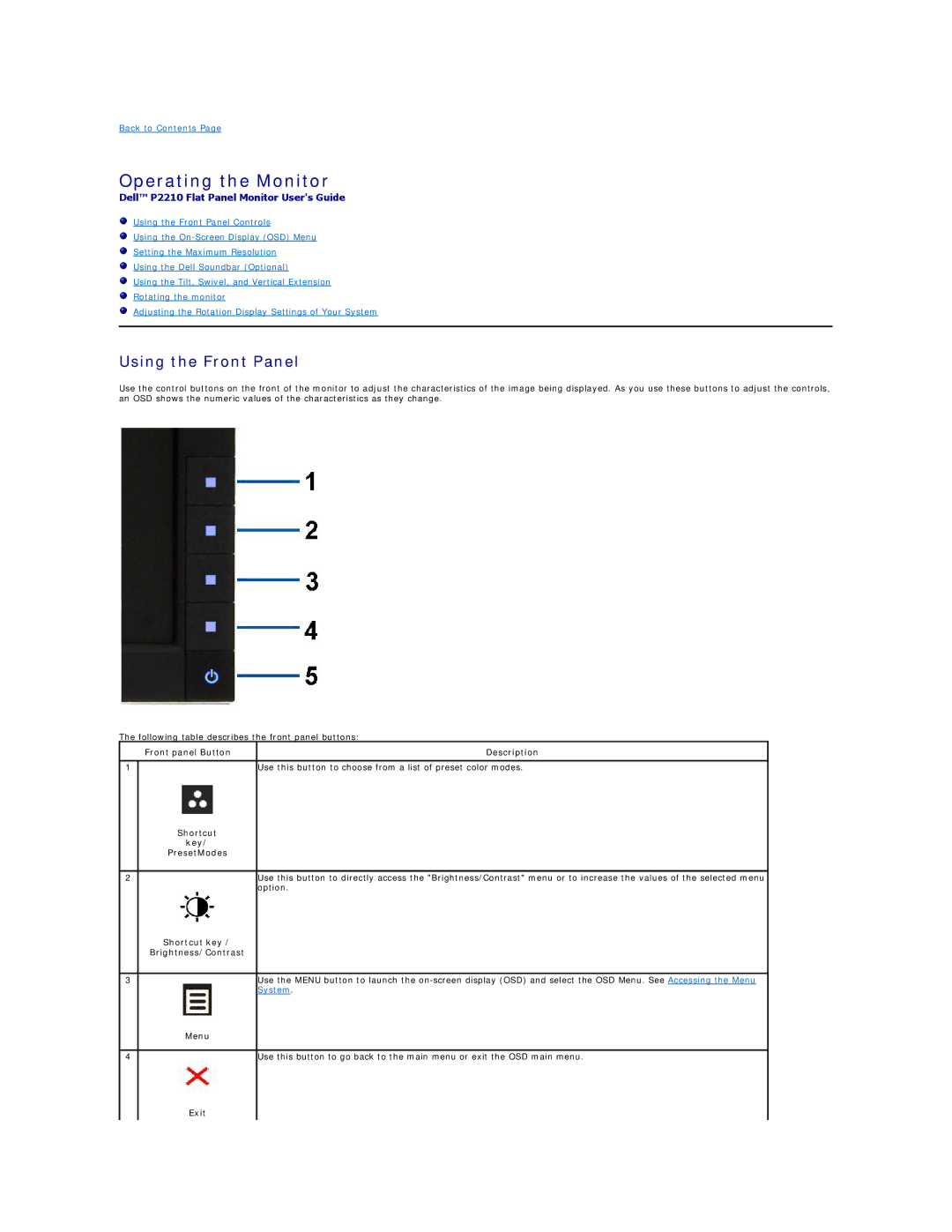 Dell P2210F, P2210T appendix Operating the Monitor, Using the Front Panel 