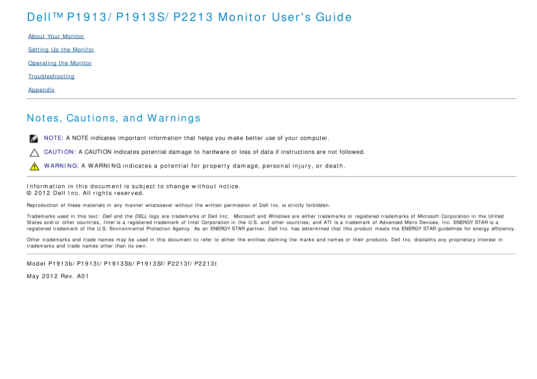 Dell manual Dell P1913/P1913S/P2213 Monitor Users Guide 