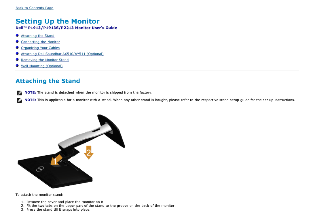 Dell P2213, P1913S manual Setting Up the Monitor 