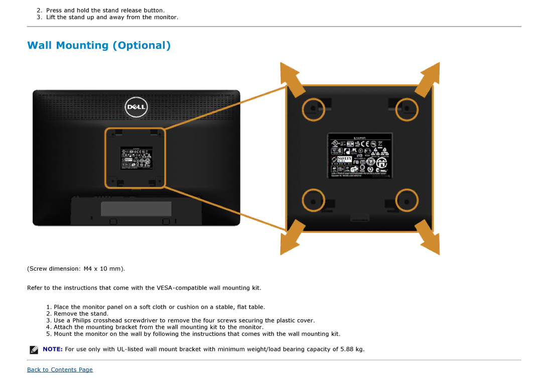 Dell P2213, P1913S manual Wall Mounting Optional 