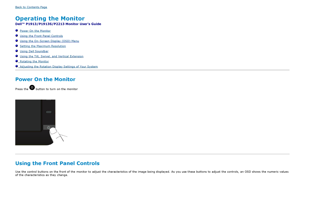 Dell P2213, P1913S manual Power On the Monitor, Using the Front Panel Controls 