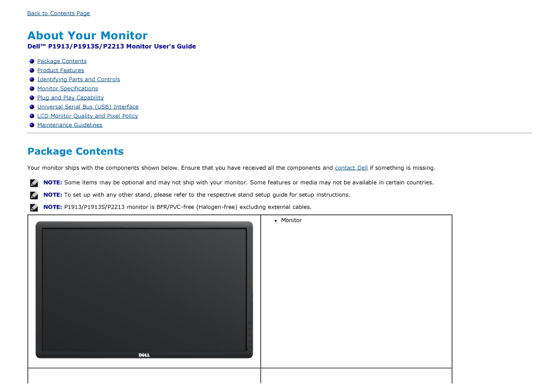 Dell P2213, P1913S manual About Your Monitor, Package Contents 