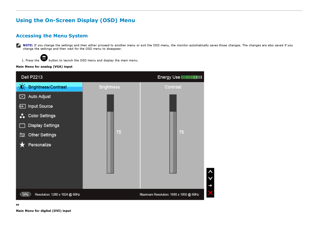 Dell P2213, P1913S manual Using the On-Screen Display OSD Menu, Accessing the Menu System 