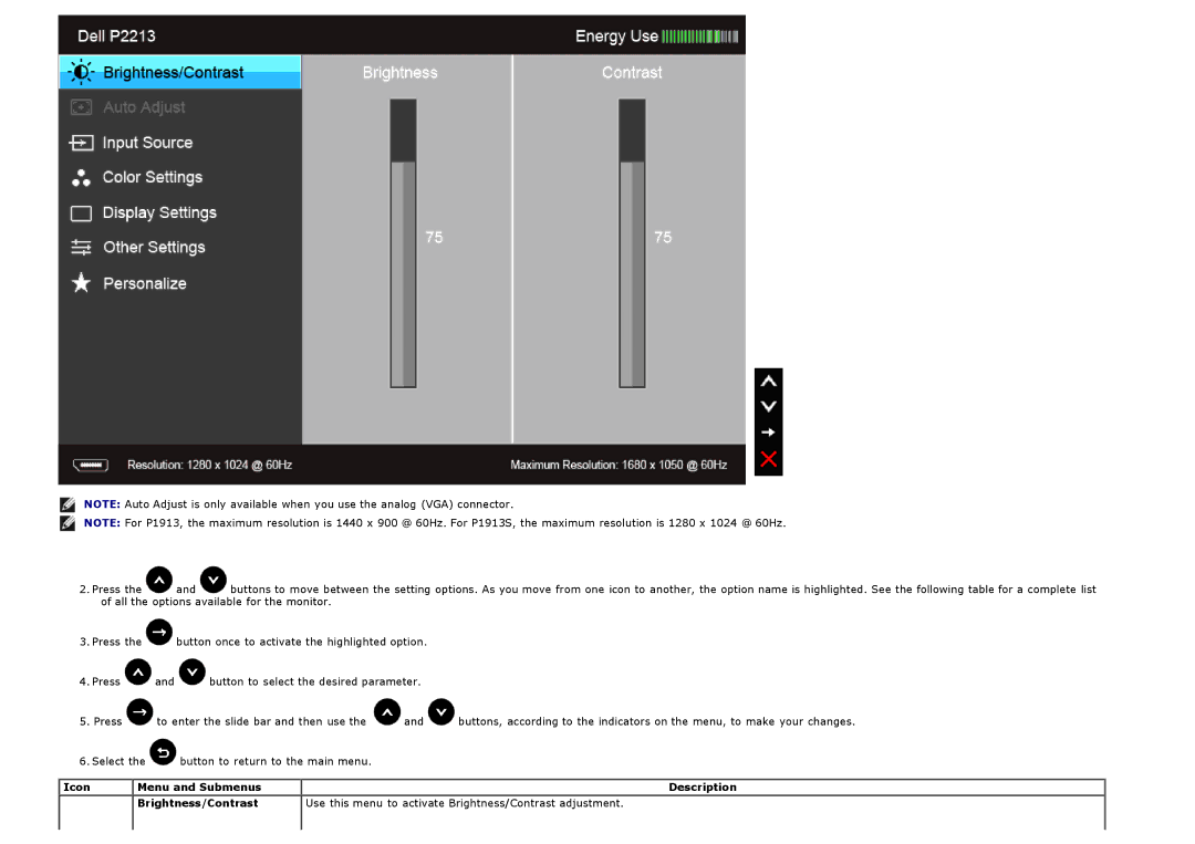 Dell P2213, P1913S manual Icon Menu and Submenus 