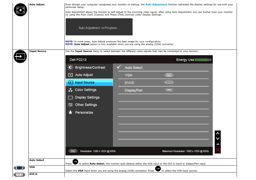 Dell P1913S, P2213 manual Auto Adjust Input Source Auto Select, Vga Dvi-D 