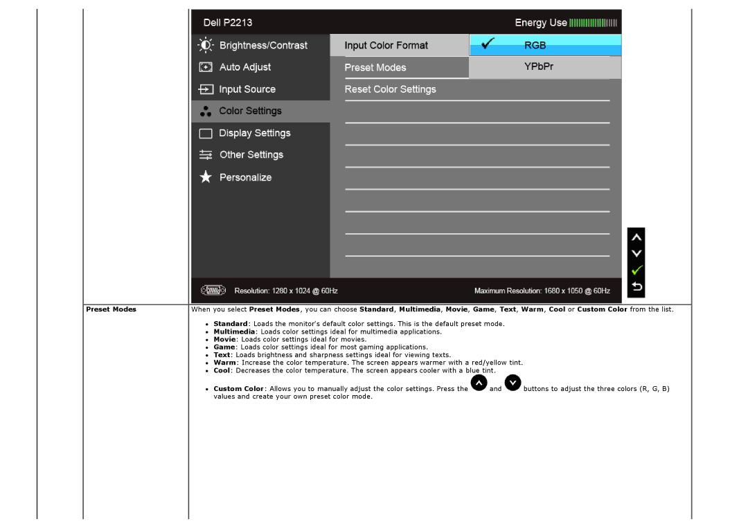 Dell P2213, P1913S manual Preset Modes 