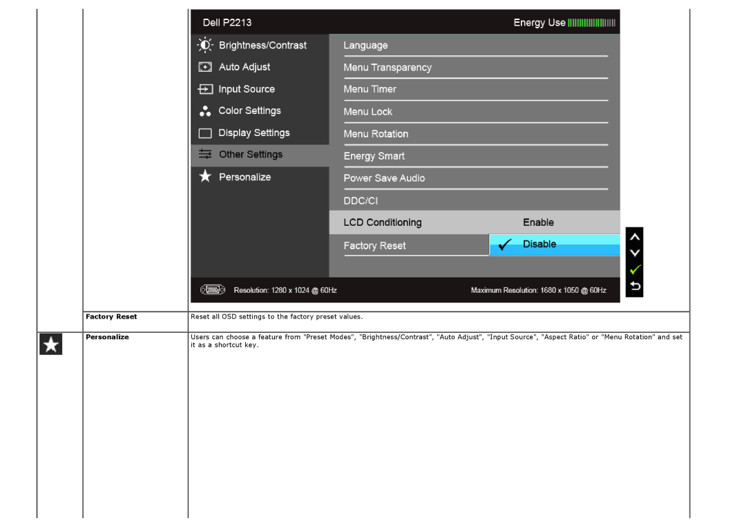 Dell P2213, P1913S manual Factory Reset, Personalize, It as a shortcut key 