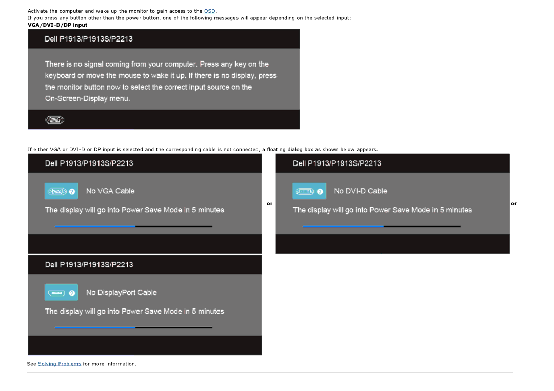 Dell P2213, P1913S manual VGA/DVI-D/DP input 