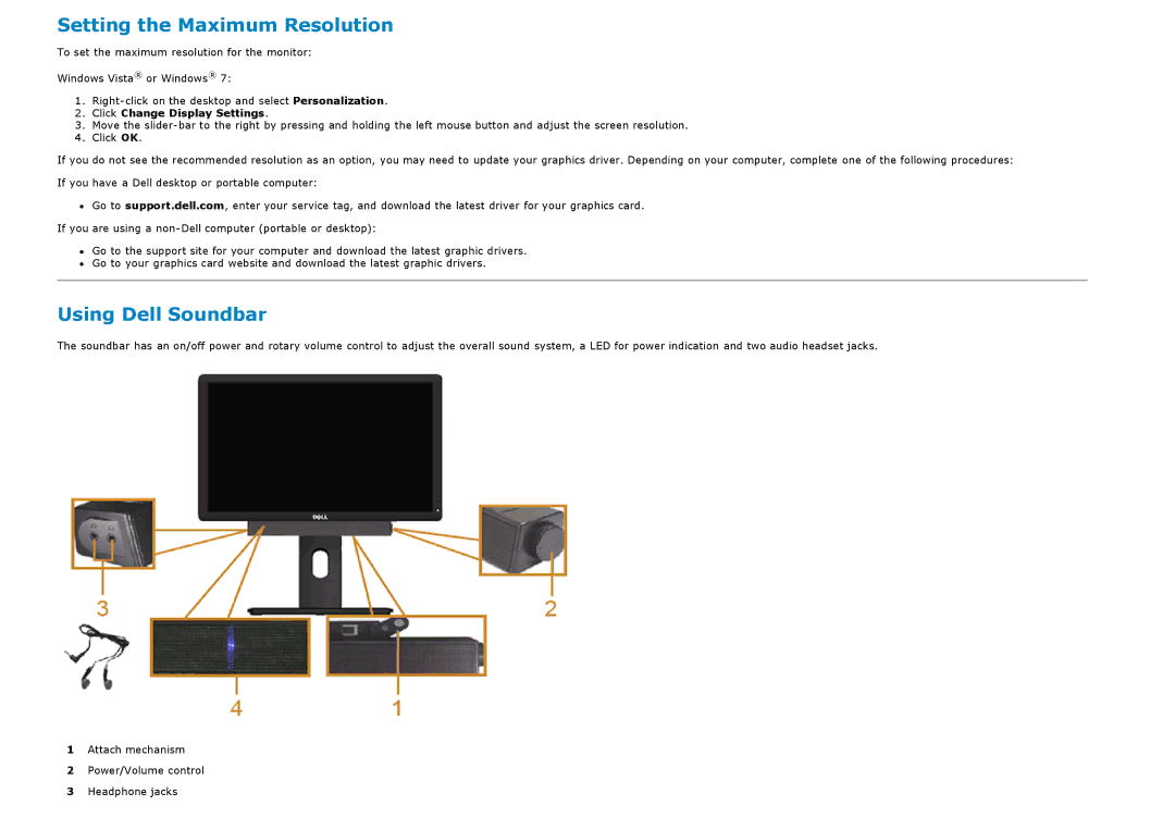 Dell P1913S, P2213 manual Setting the Maximum Resolution, Using Dell Soundbar, Click Change Display Settings 