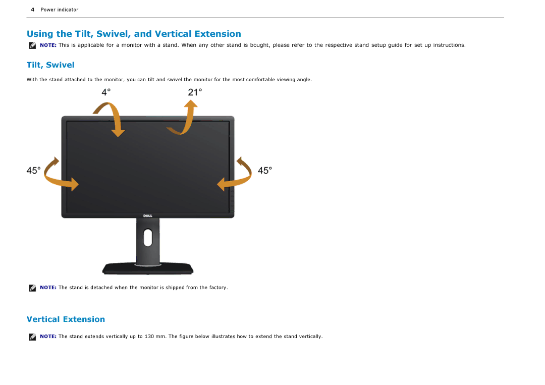 Dell P2213, P1913S manual Using the Tilt, Swivel, and Vertical Extension 