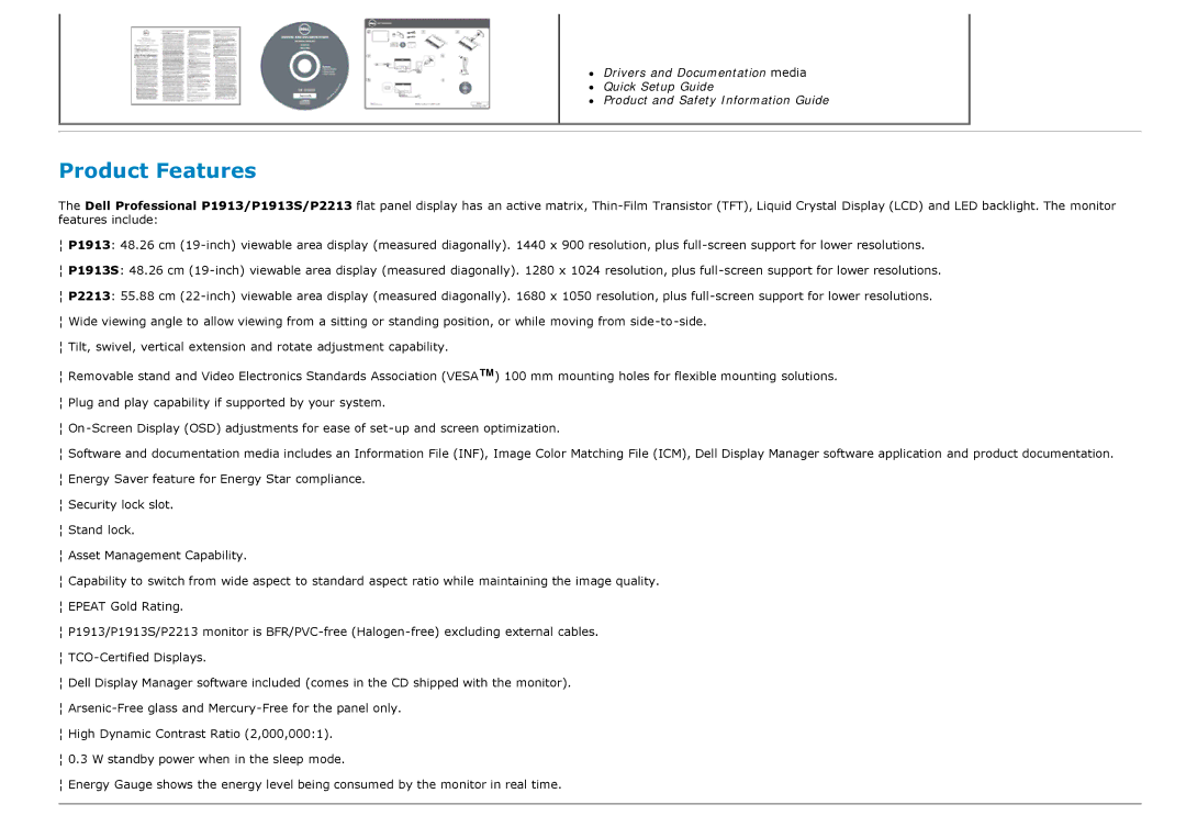 Dell P1913S, P2213 manual Product Features 