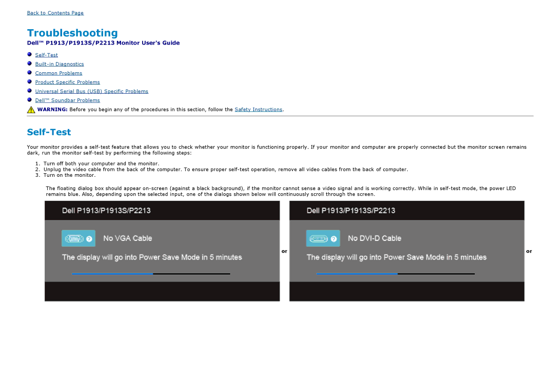 Dell P2213, P1913S manual Troubleshooting, Self-Test 