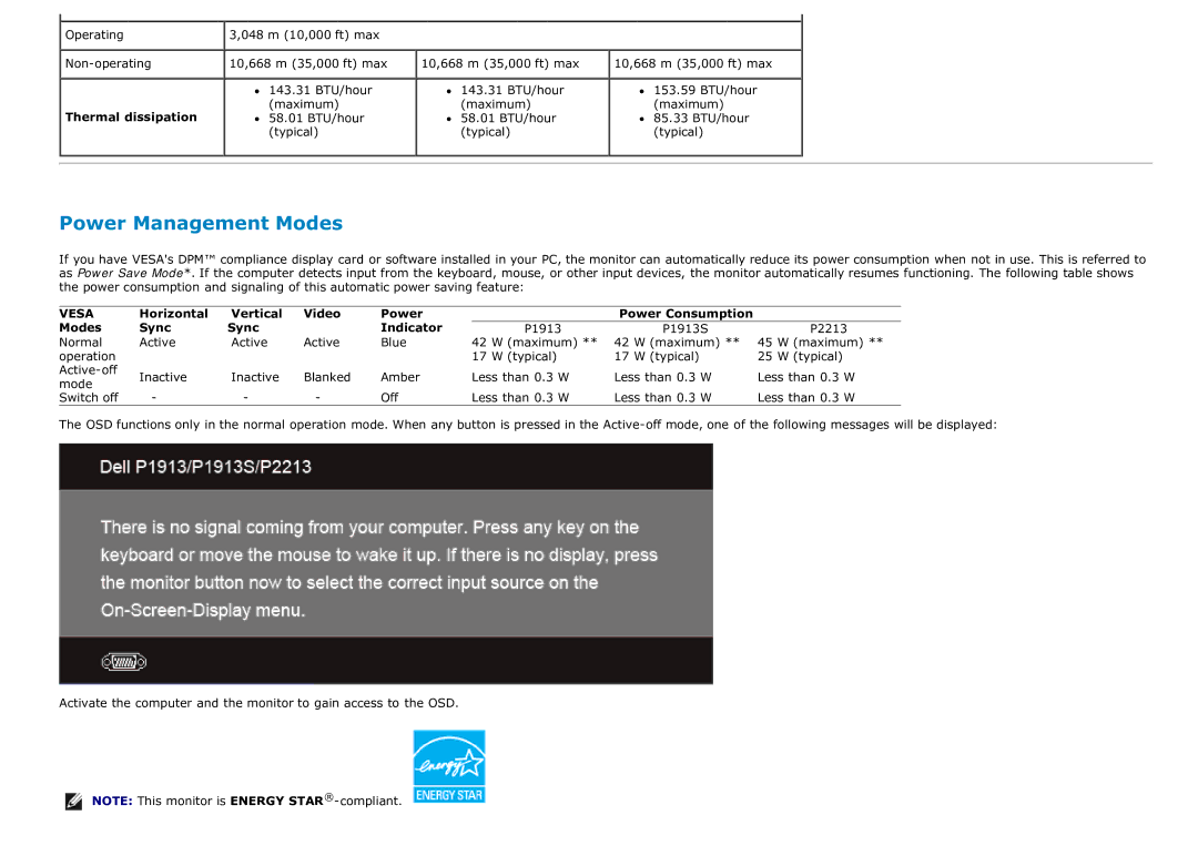 Dell P1913T, P2213T Power Management Modes, Thermal dissipation, Horizontal Vertical Video Power, Modes Sync Indicator 