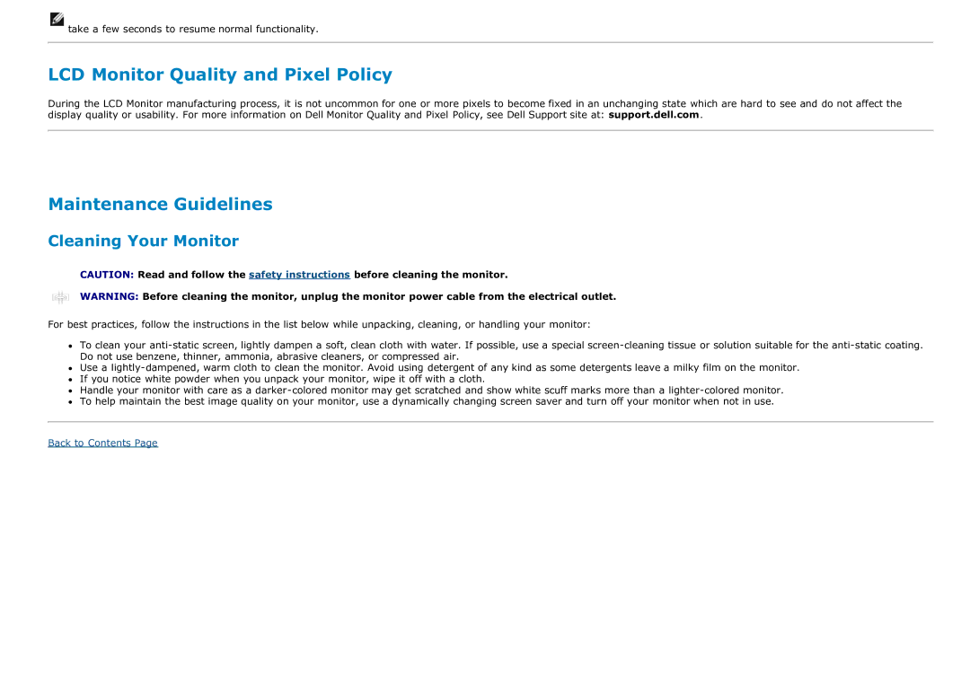 Dell P1913T, P2213T, P2213F, P1913SF LCD Monitor Quality and Pixel Policy, Maintenance Guidelines, Cleaning Your Monitor 