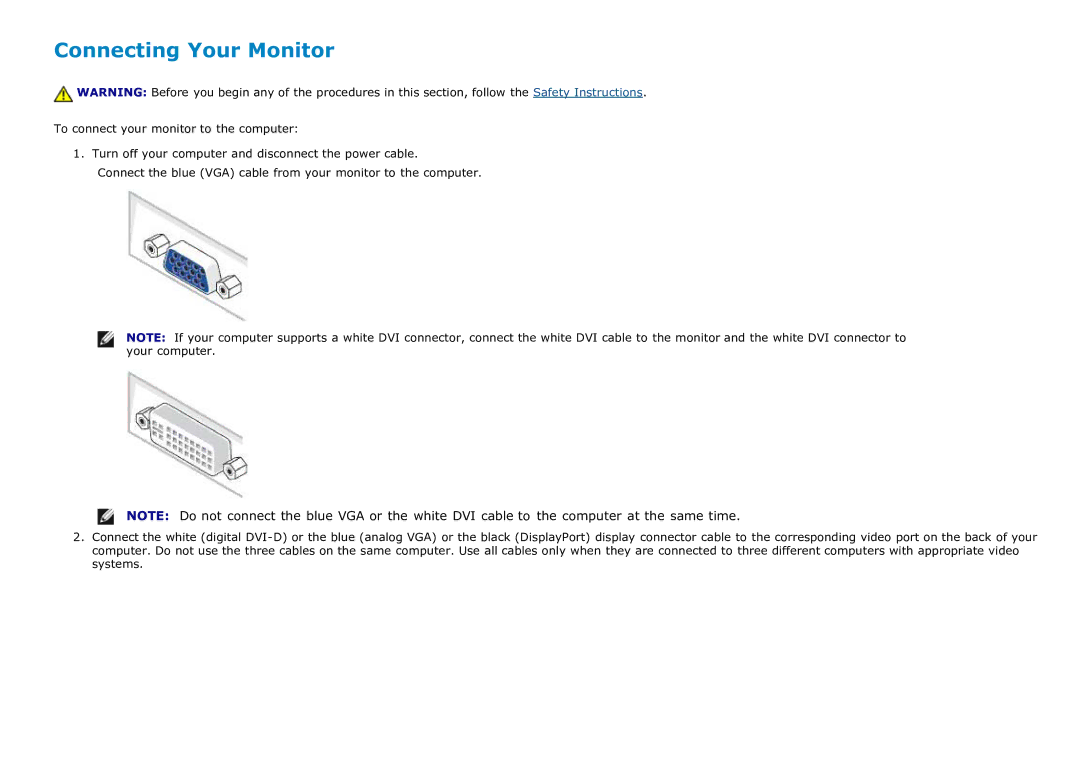 Dell P1913SB, P2213T, P2213F, P1913T, P1913SF, P1913b manual Connecting Your Monitor 