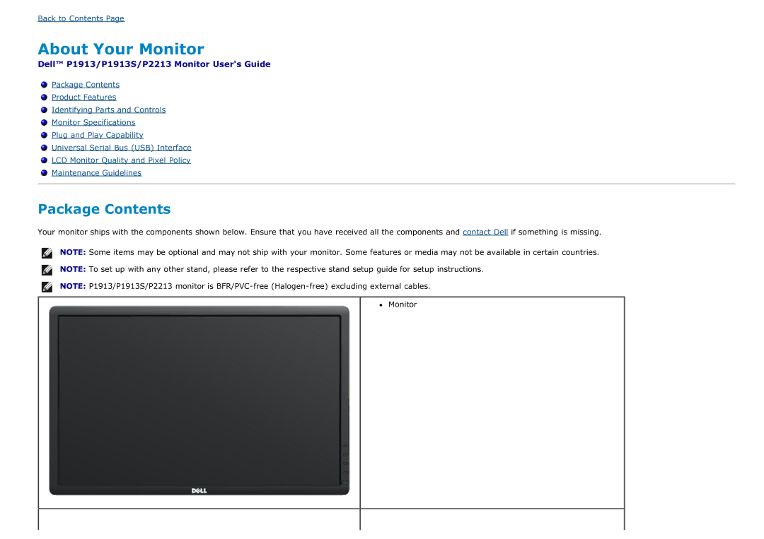 Dell P1913SF, P2213T, P2213F, P1913T, P1913SB, P1913b manual About Your Monitor, Package Contents 