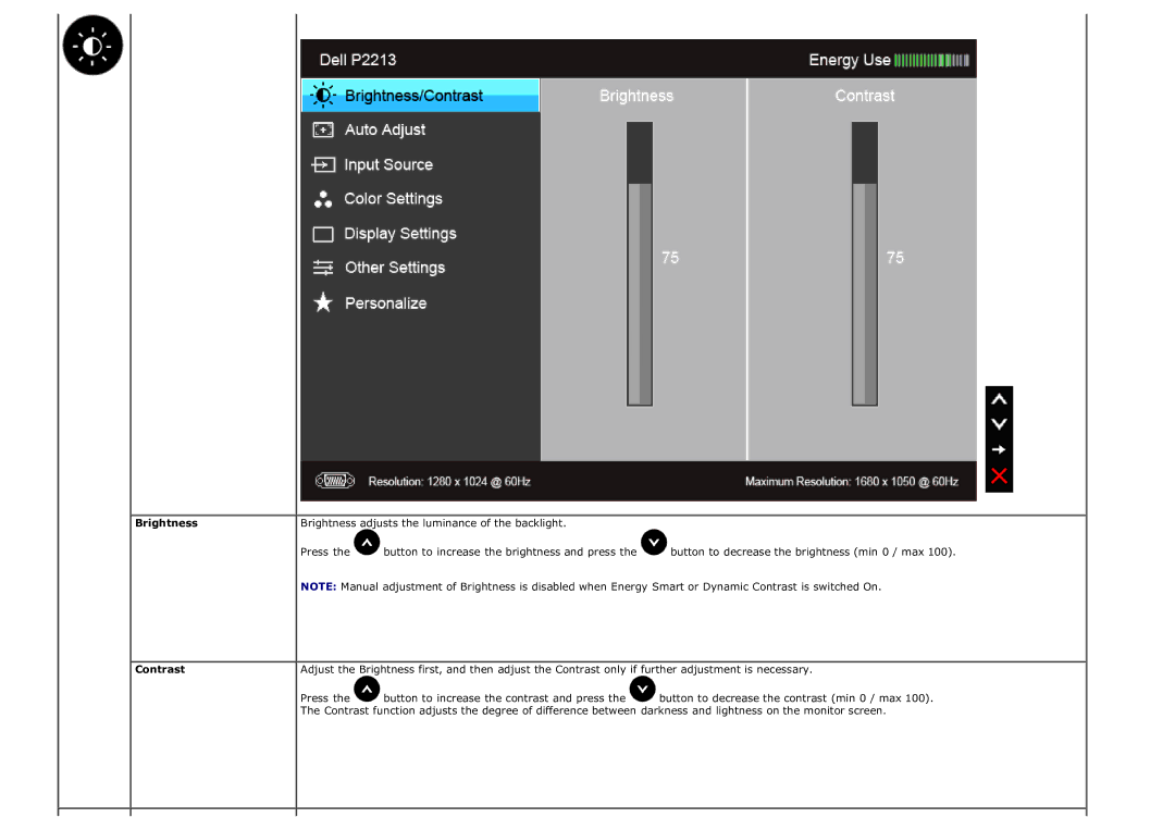 Dell P1913SB, P2213T, P2213F, P1913T, P1913SF, P1913b manual Brightness, Contrast 