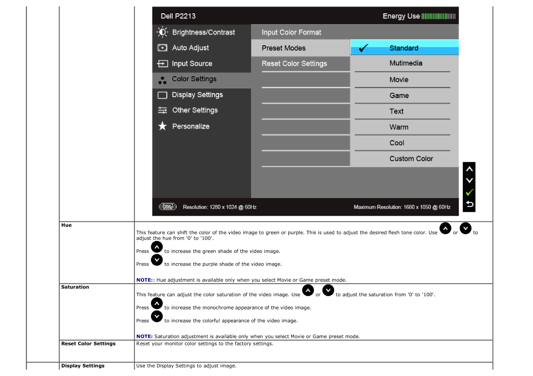 Dell P1913T, P2213T, P2213F, P1913SF, P1913SB, P1913b manual Hue, Saturation, Reset Color Settings, Display Settings 