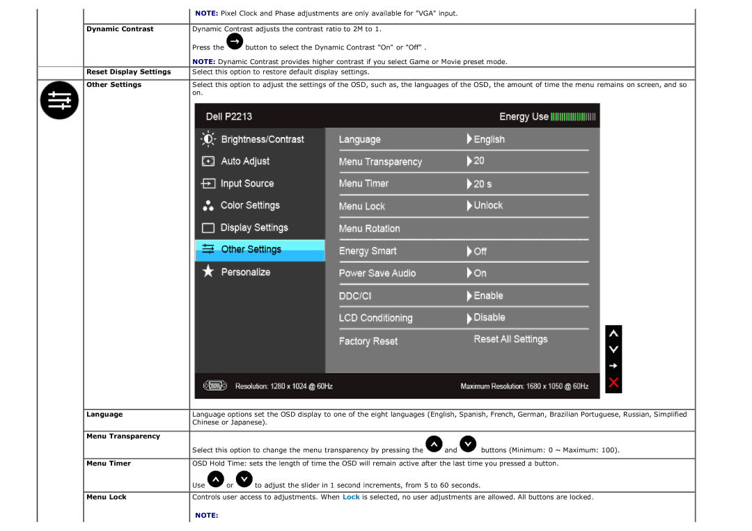 Dell P1913SB Dynamic Contrast, Reset Display Settings, Other Settings, Language, Menu Transparency, Menu Timer, Menu Lock 