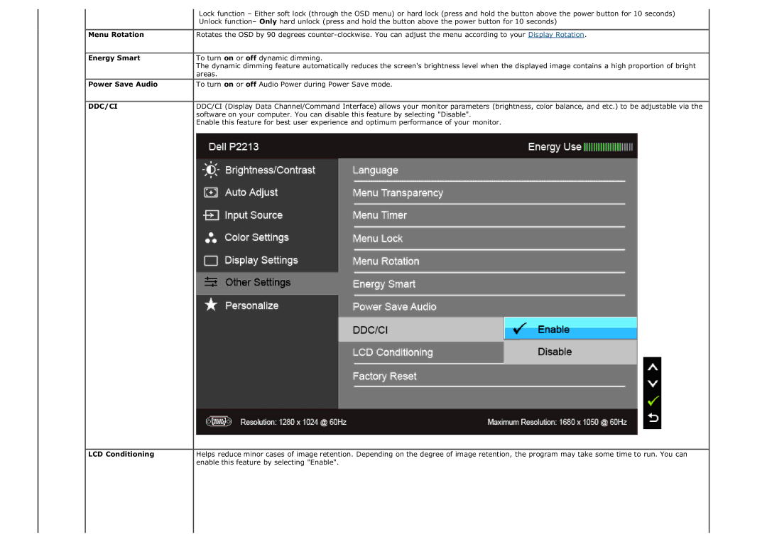 Dell P1913b manual Menu Rotation, Energy Smart, Power Save Audio, LCD Conditioning, Enable this feature by selecting Enable 