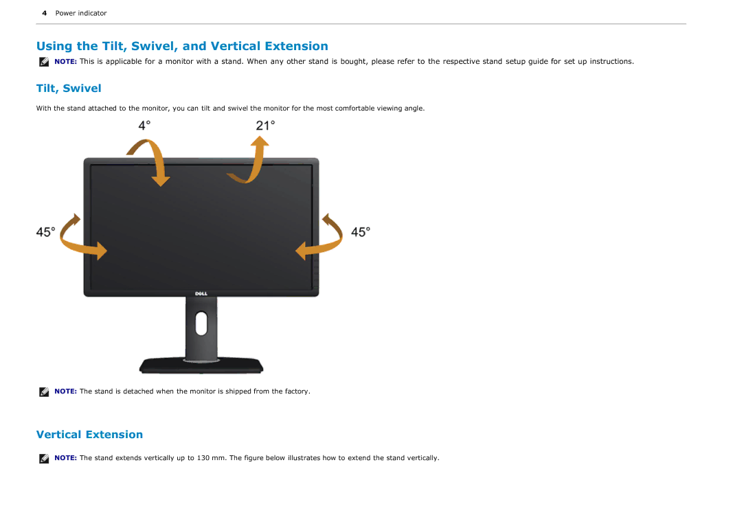 Dell P2213T, P2213F, P1913T, P1913SF, P1913SB, P1913b manual Using the Tilt, Swivel, and Vertical Extension 