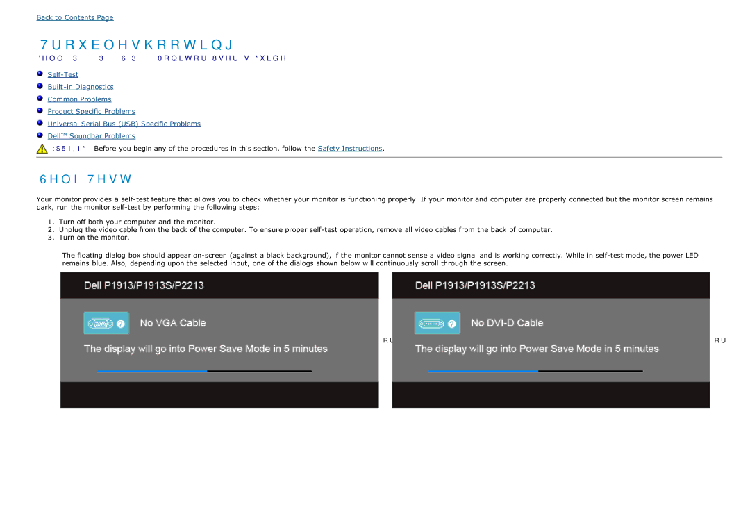 Dell P1913SF, P2213T, P2213F, P1913T, P1913SB, P1913b manual Troubleshooting, Self-Test 