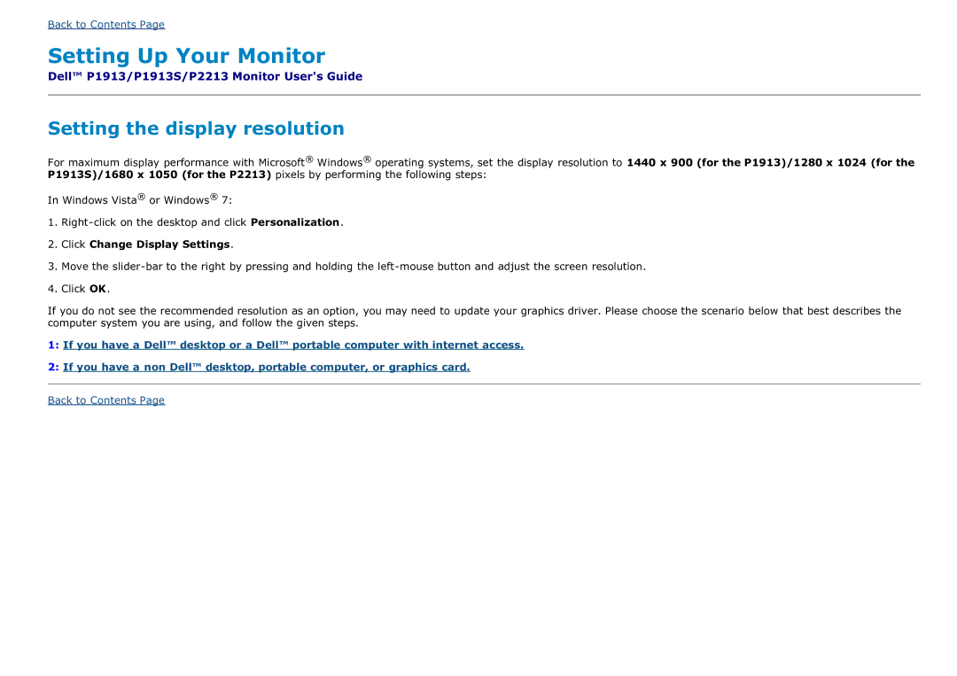 Dell P1913SF, P2213T, P2213F, P1913T, P1913SB, P1913b manual Setting Up Your Monitor 