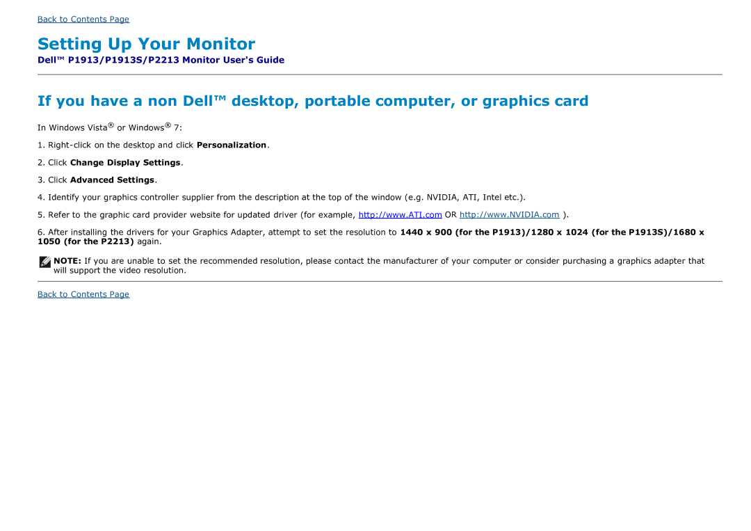 Dell P1913b, P2213T, P2213F, P1913T, P1913SF, P1913SB manual Click Change Display Settings Click Advanced Settings 