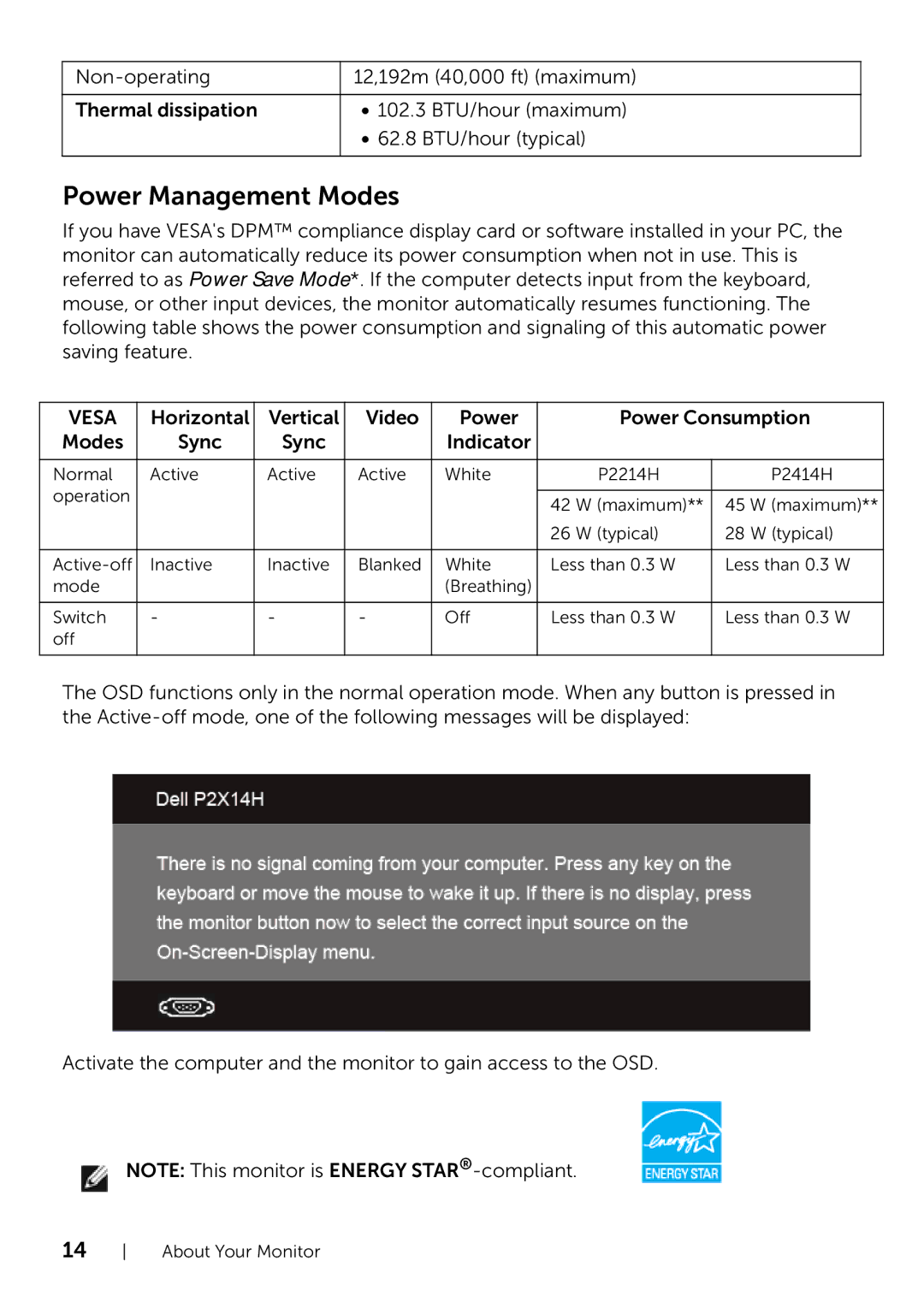 Dell P2214H/P2414H manual Power Management Modes, Vesa 