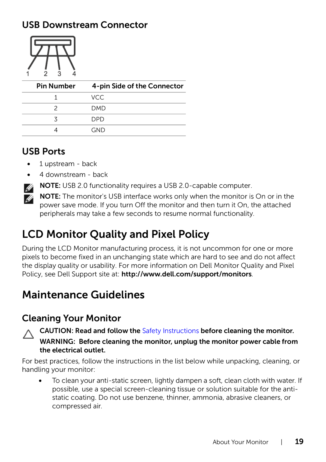 Dell P2214H/P2414H manual LCD Monitor Quality and Pixel Policy Maintenance Guidelines, USB Downstream Connector, USB Ports 