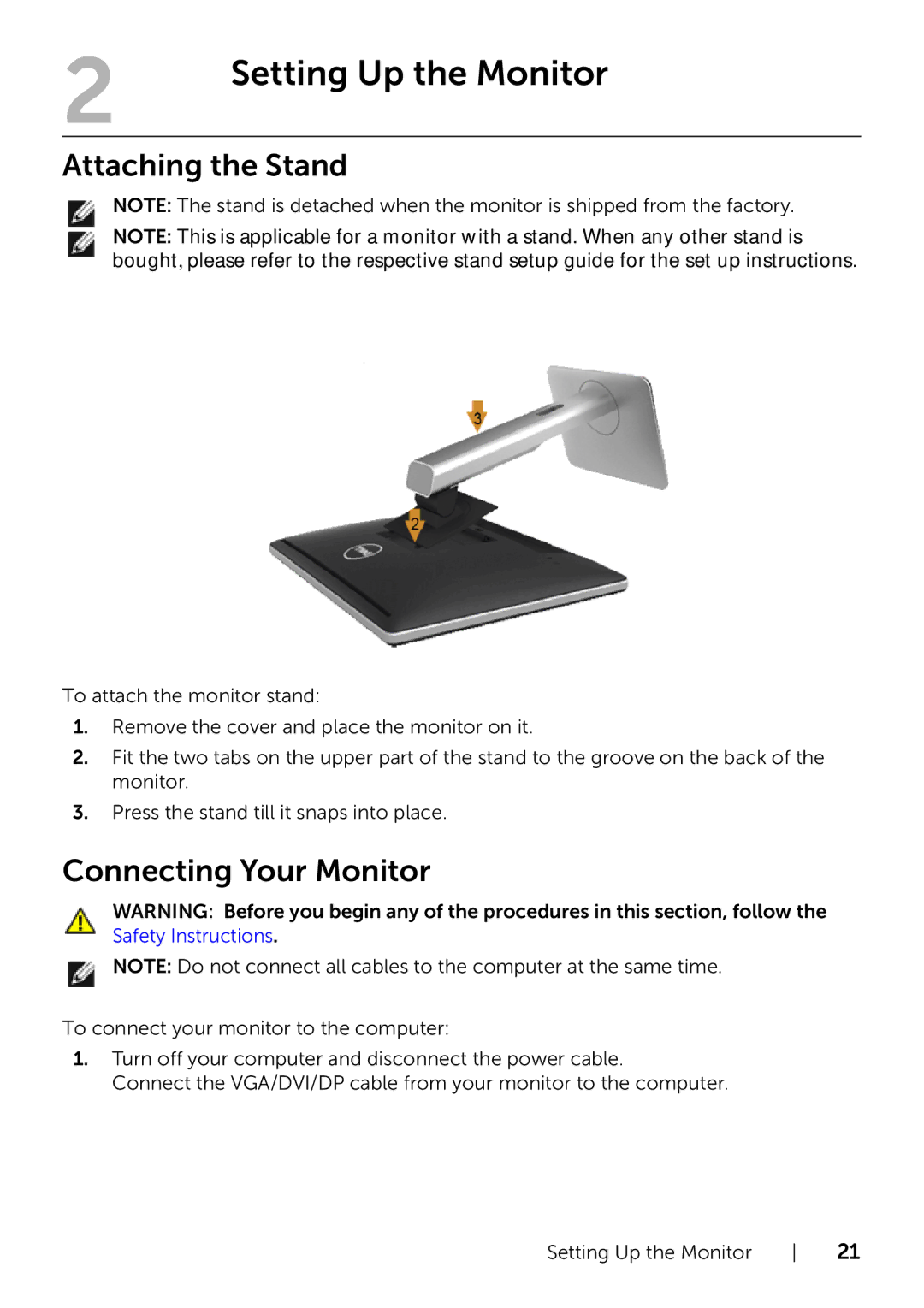 Dell P2214H/P2414H manual Attaching the Stand, Connecting Your Monitor 