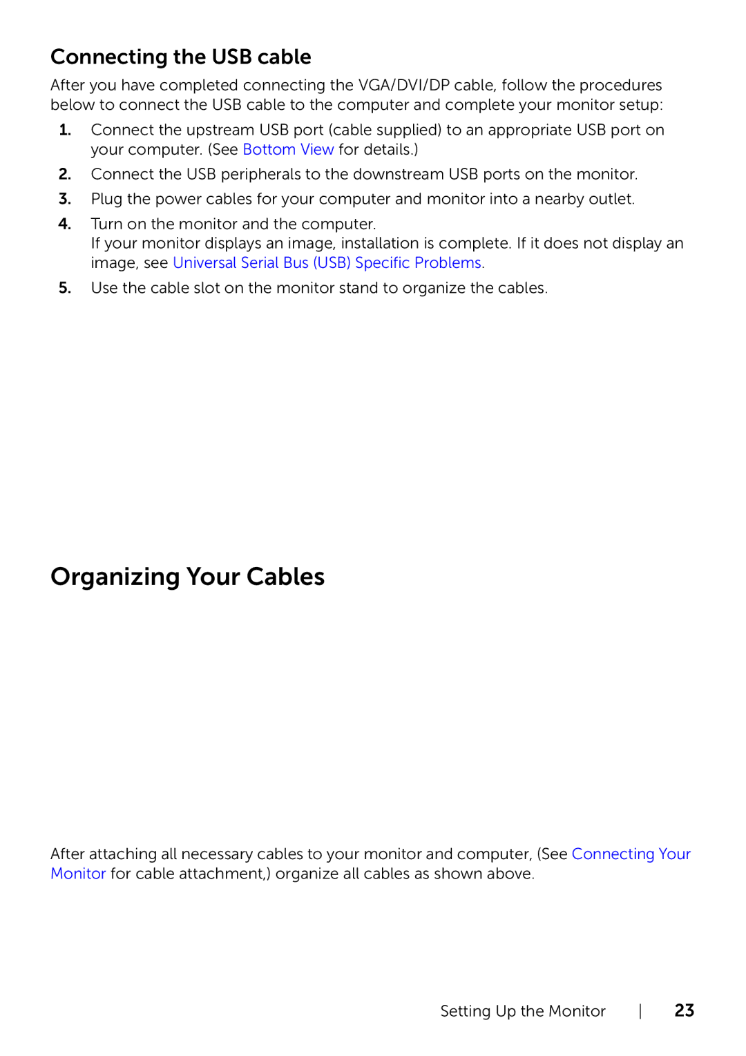 Dell P2214H/P2414H manual Organizing Your Cables, Connecting the USB cable 