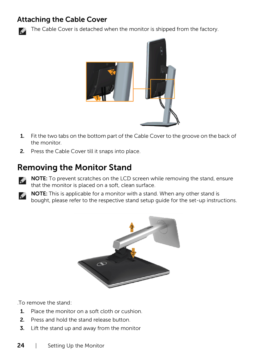 Dell P2214H/P2414H manual Removing the Monitor Stand, Attaching the Cable Cover 