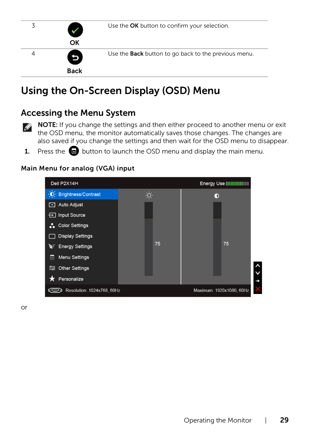 Dell P2214H/P2414H manual Using the On-Screen Display OSD Menu, Accessing the Menu System, Back 