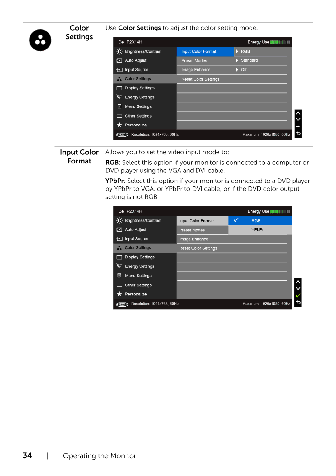 Dell P2214H/P2414H manual Input Color Format 