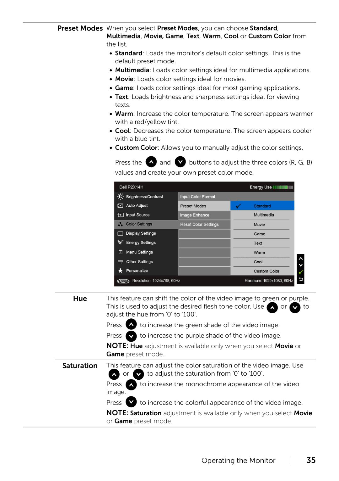 Dell P2214H/P2414H manual Operating the Monitor 