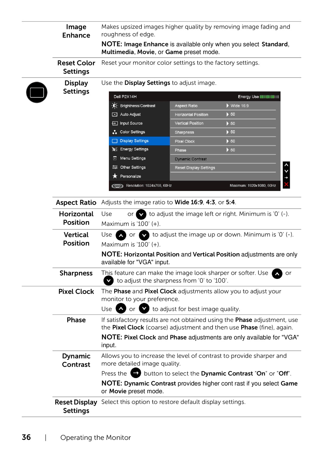 Dell P2214H/P2414H manual Image Enhance, Settings, Aspect Ratio, Position, Dynamic 