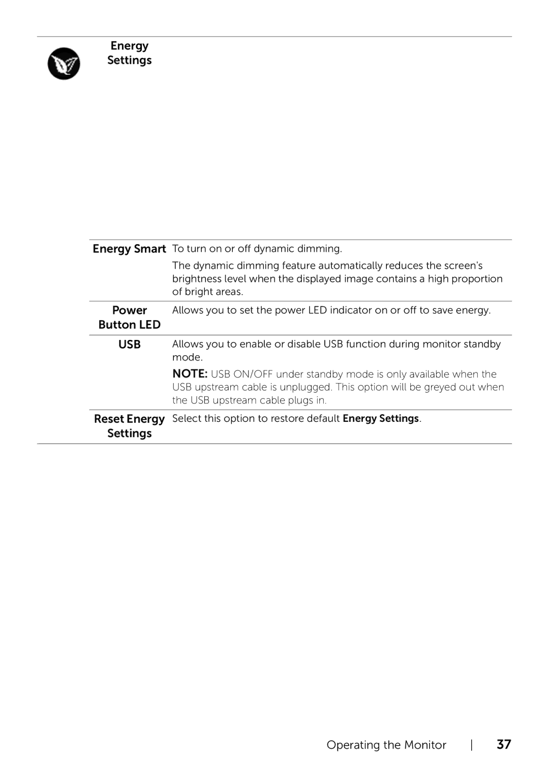 Dell P2214H/P2414H manual Energy Settings 