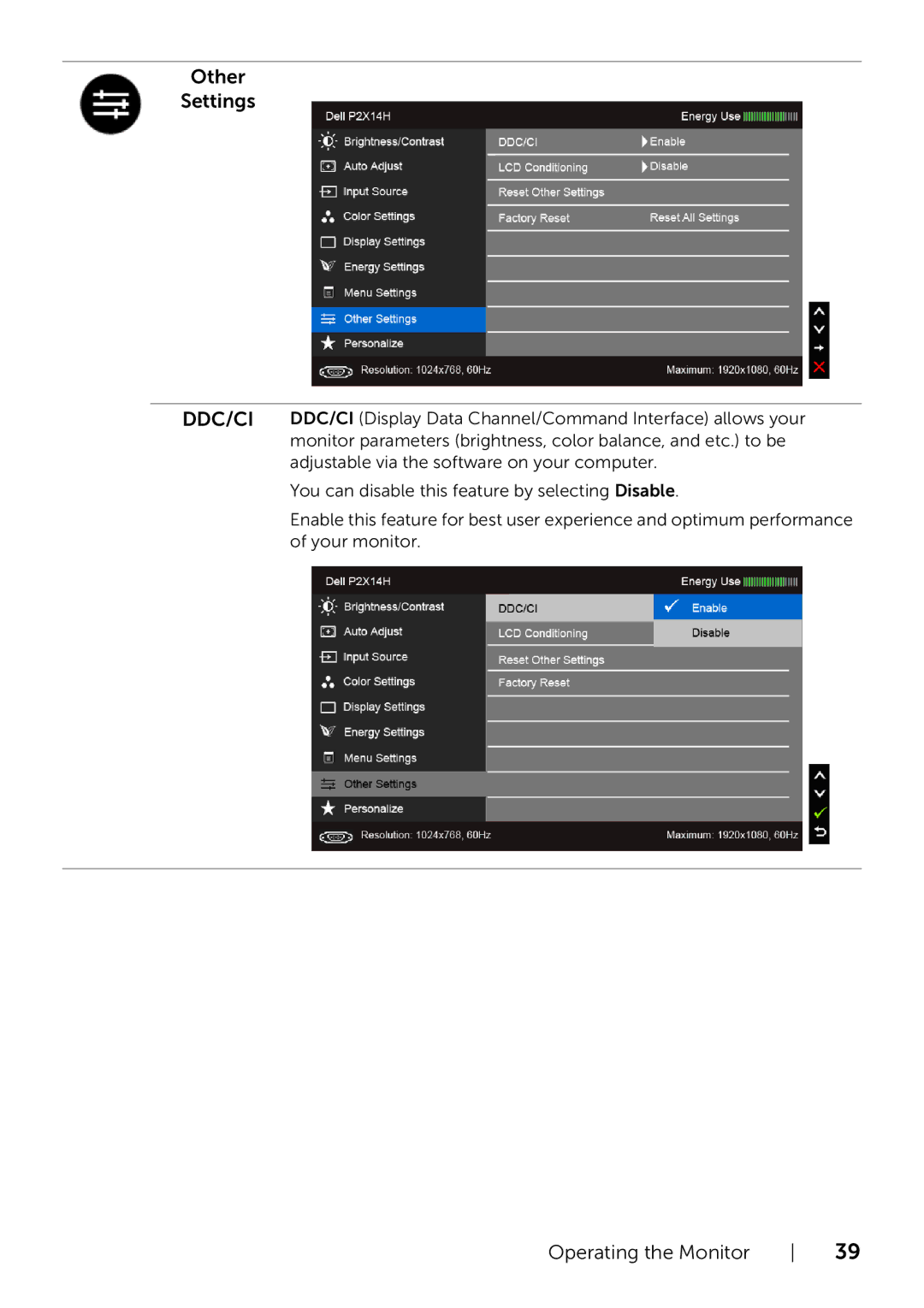 Dell P2214H/P2414H manual Other Settings 