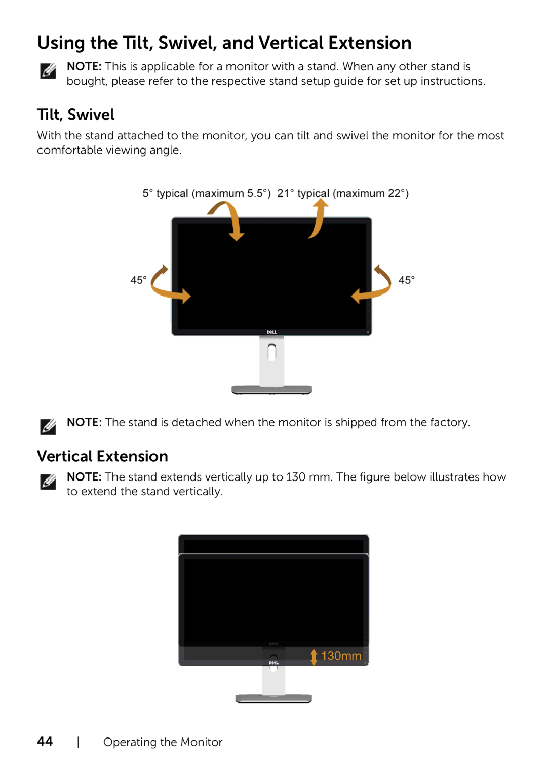 Dell P2214H/P2414H manual Using the Tilt, Swivel, and Vertical Extension 