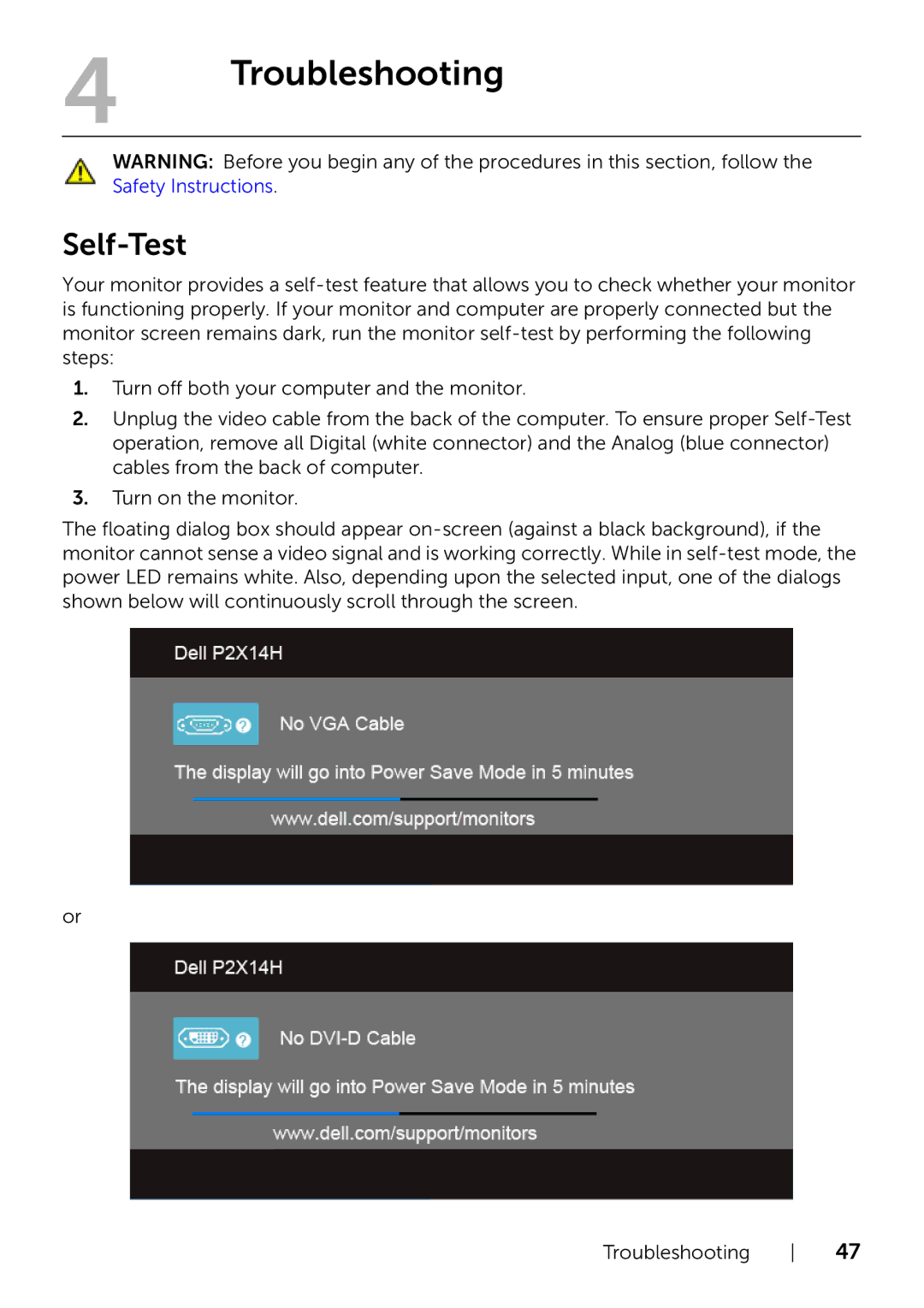 Dell P2214H/P2414H manual Troubleshooting, Self-Test 