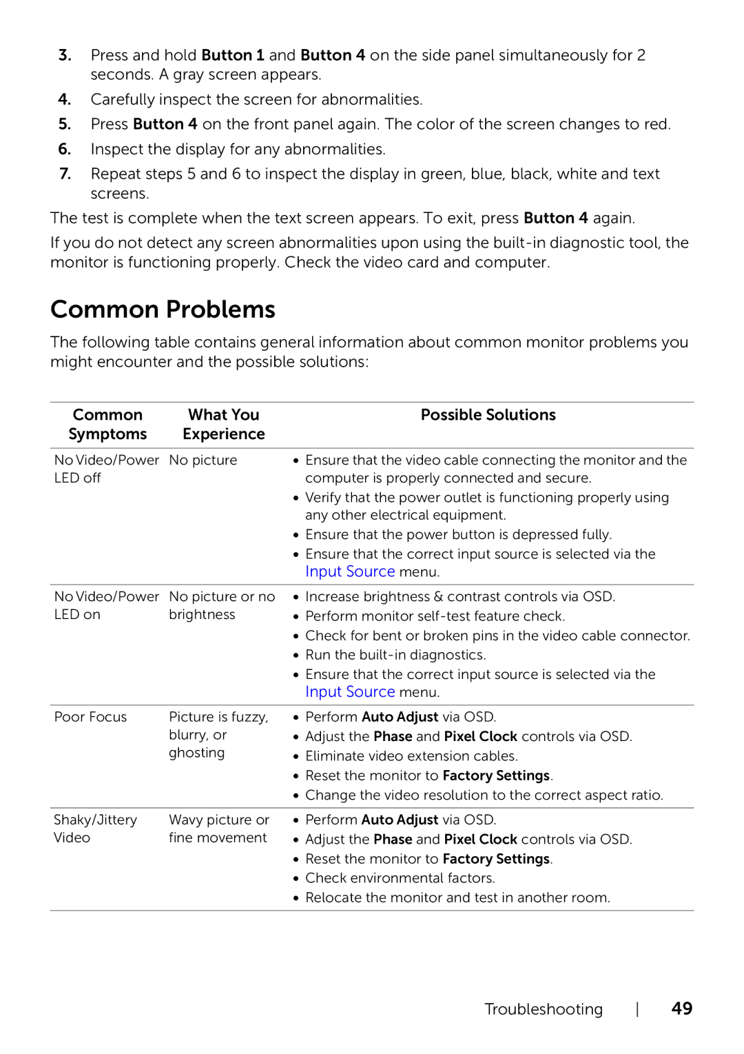 Dell P2214H/P2414H manual Common Problems, Input Source menu 