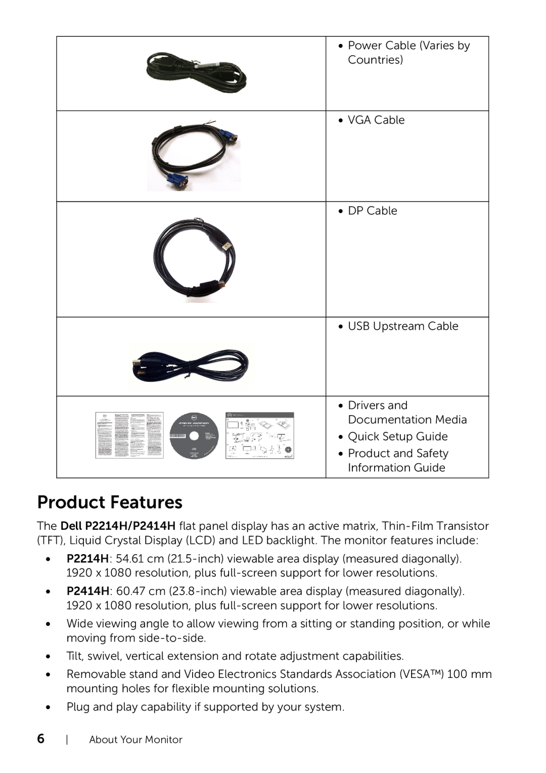 Dell P2214H/P2414H manual Product Features 