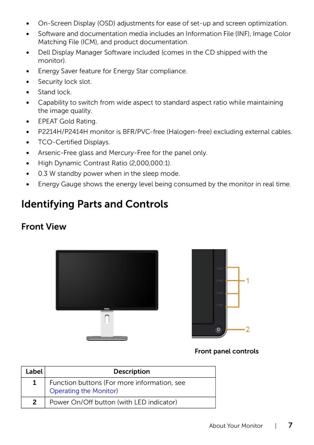 Dell P2214H/P2414H manual Identifying Parts and Controls, Front View 