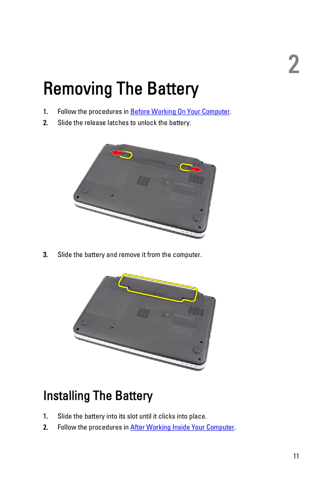 Dell P22G owner manual Removing The Battery, Installing The Battery 