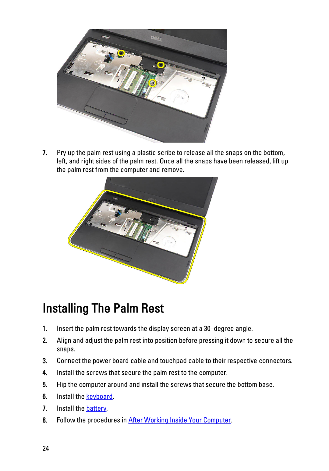 Dell P22G owner manual Installing The Palm Rest 