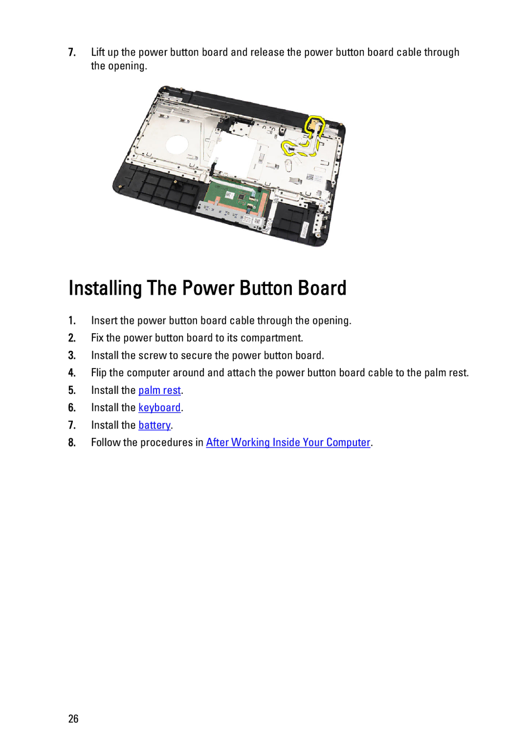 Dell P22G owner manual Installing The Power Button Board 