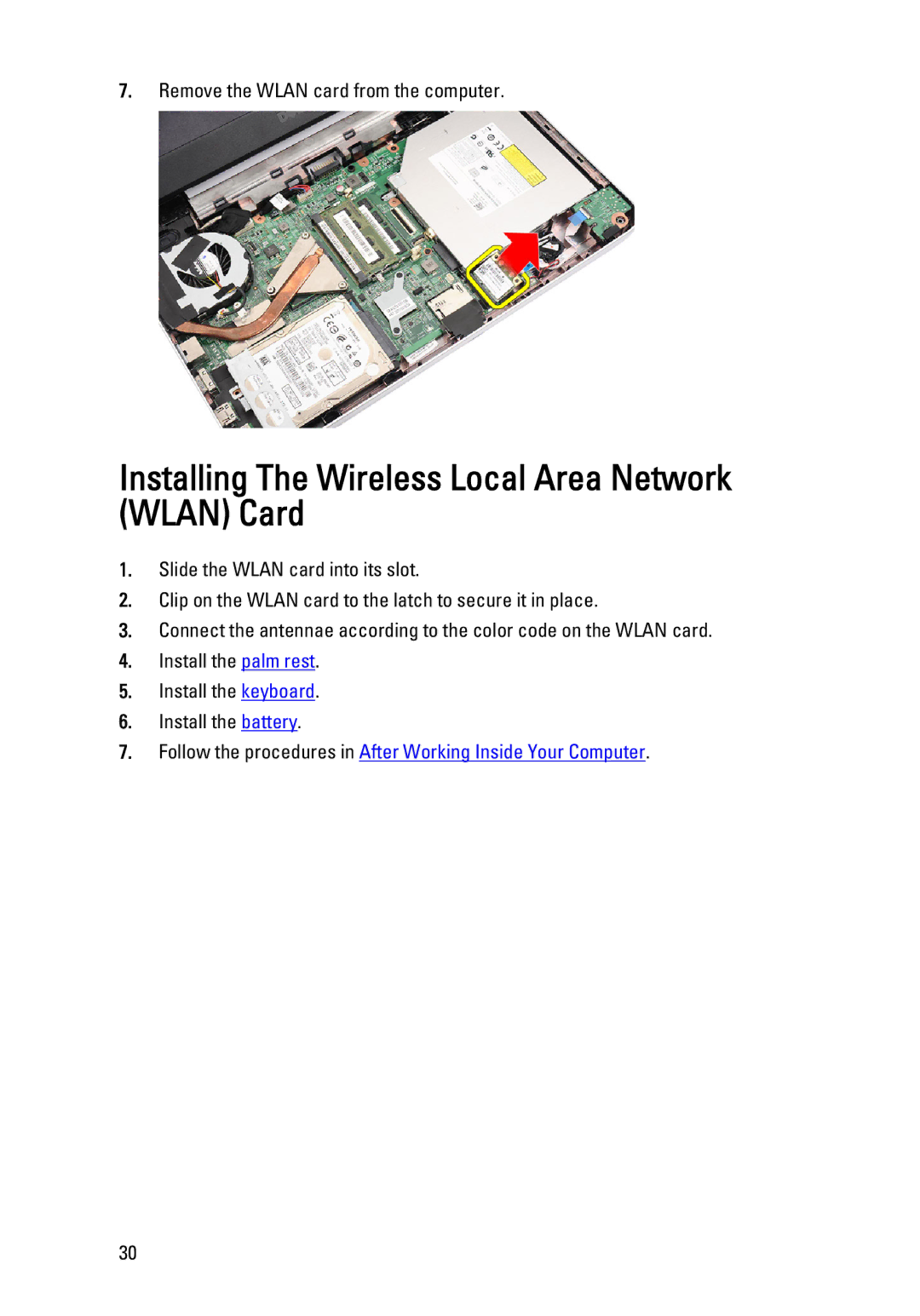 Dell P22G owner manual Installing The Wireless Local Area Network Wlan Card 