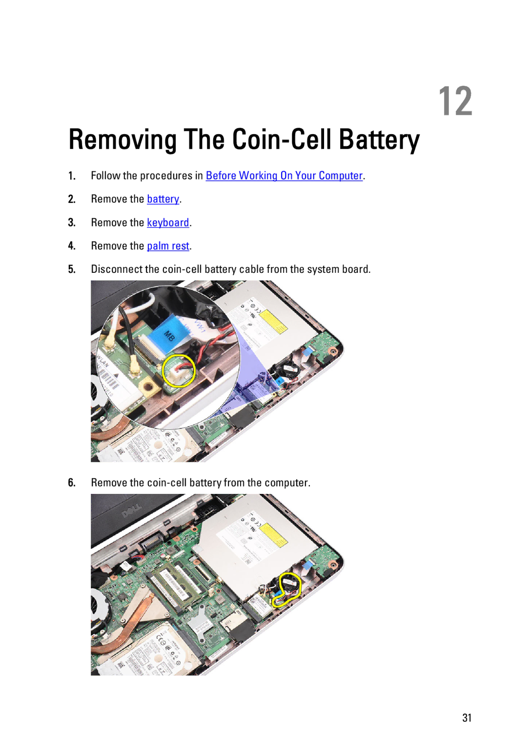 Dell P22G owner manual Removing The Coin-Cell Battery 