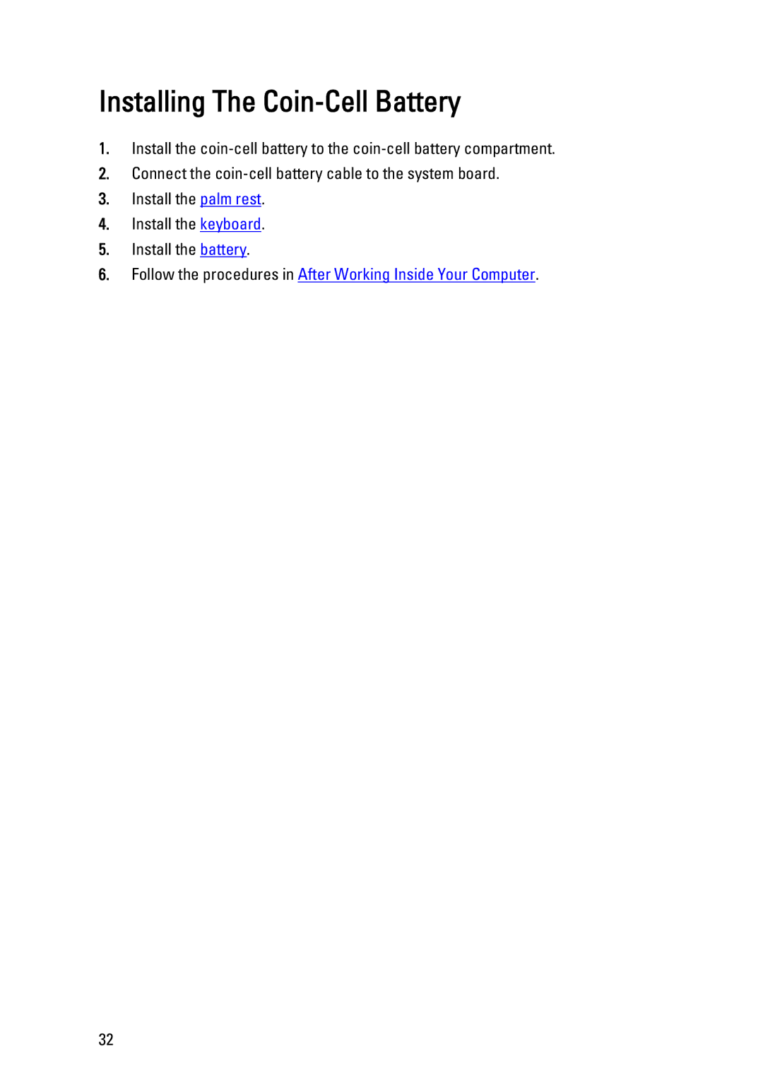 Dell P22G owner manual Installing The Coin-Cell Battery 